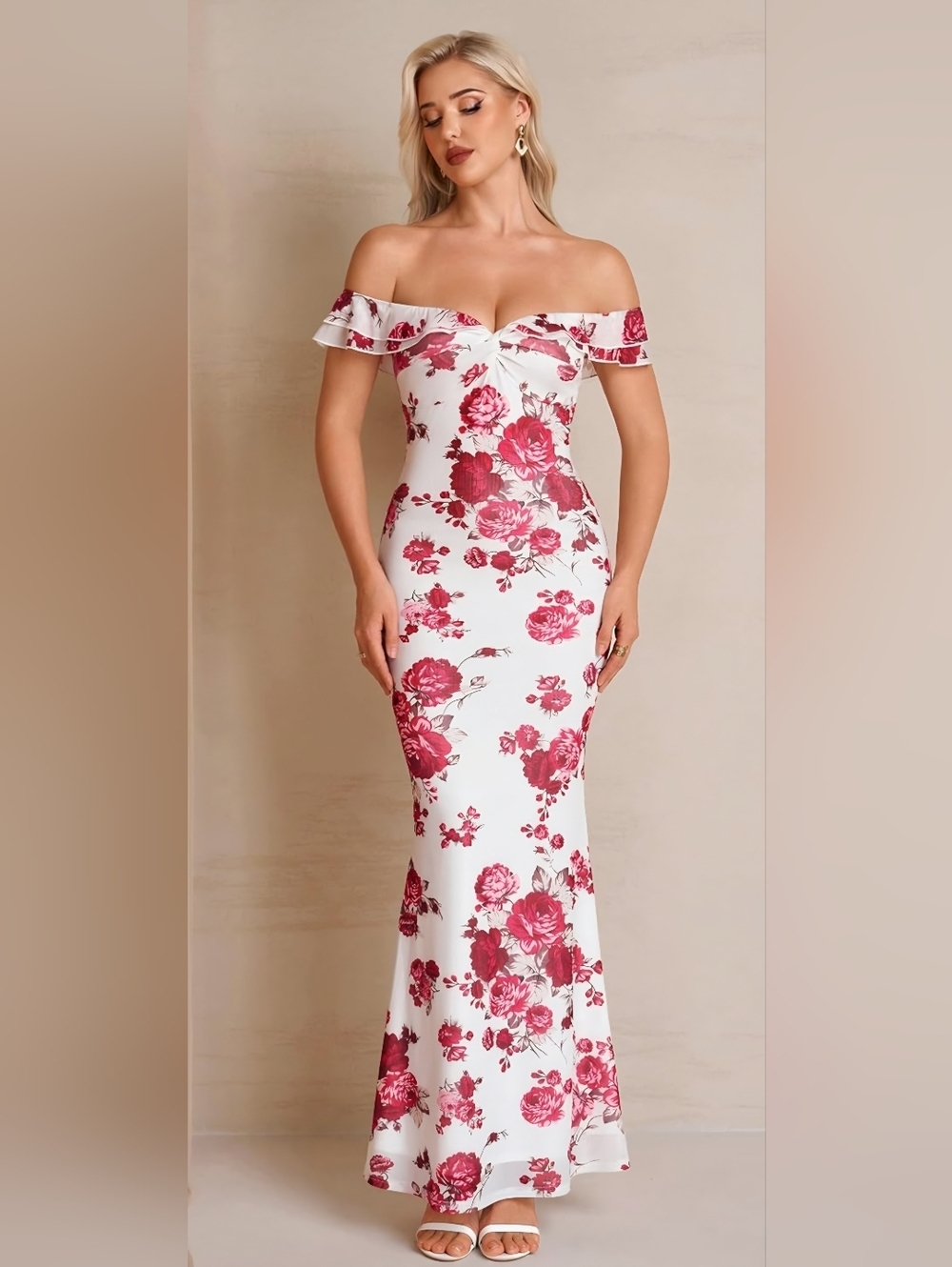 NWT Floral Off Shoulder Maxi Dress XL Mermaid Bodycon Has Stretch - Picture 3 of 5